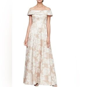 Alex Evenings Metalic Off shoulder Jacquard Gown NWT